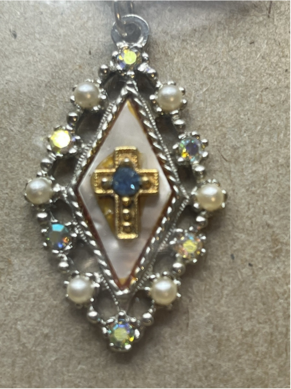 Vintage Diamond Shape Pin w/Bow & Cross, Gold Tone Metal, Faux Pearls, NIB